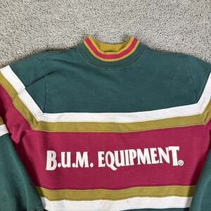 B.U.M. Equipment Sweatshirt Mens L Green Stripe Colorblock Mock Neck Fleece Logo